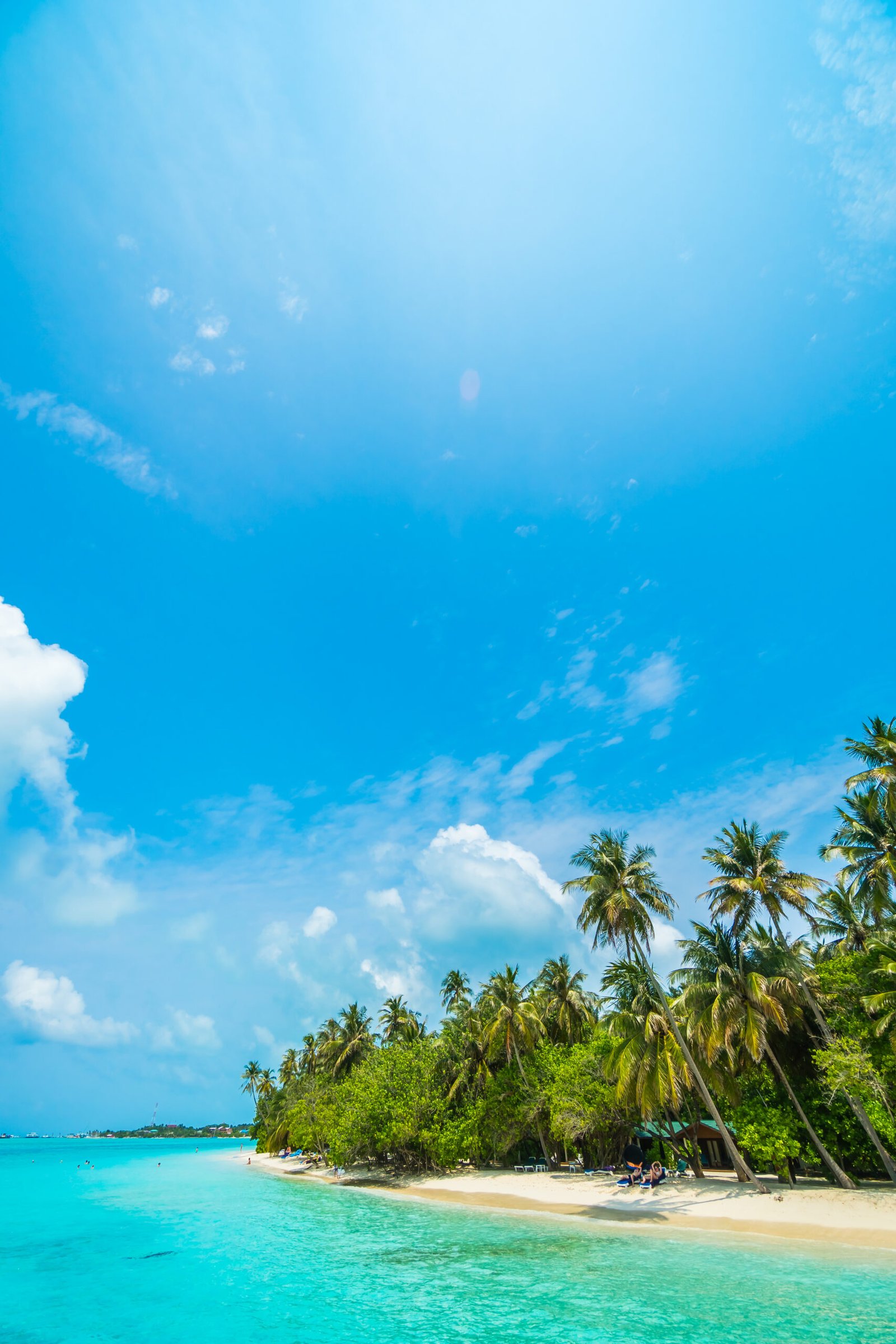 Beautiful tropical Maldives island with beach , sea , and coconut palm tree on blue sky for nature holiday vacation background concept -Boost up color Processing